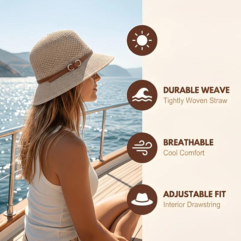 Elegant Women's Beach Straw Hat with Belt Embellishment - Breathable Openwork Sun Hat Summer Travel Vacation Bucket Hat