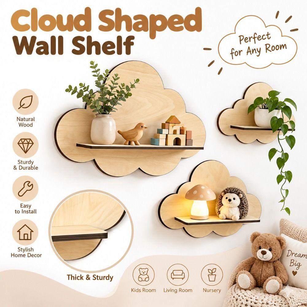 Wall Mounted Wooden Floating Shelves Durable Stable Wall Storage Rack Cloud Bookshelf  Kids Room