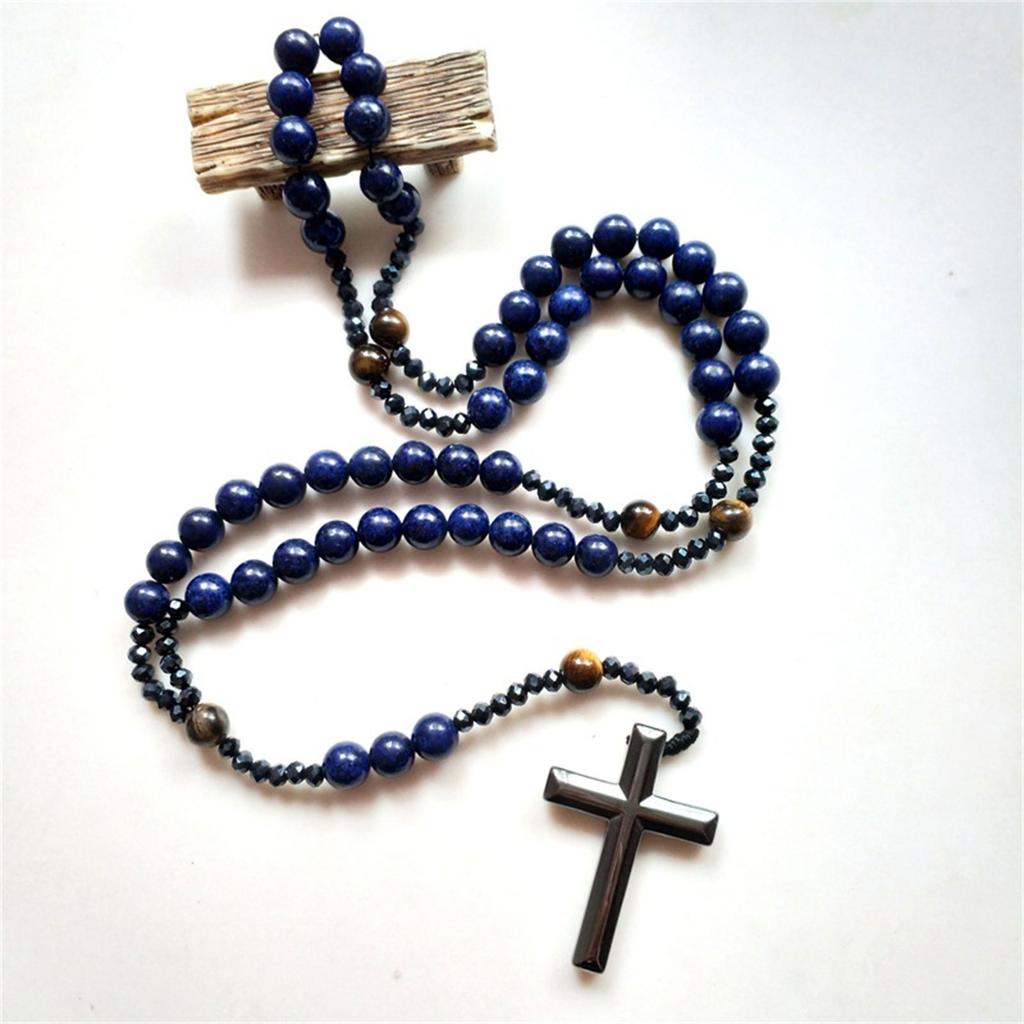 Blue Stone Beads Cross Necklace A Must Have for Jewelry Collectors and Fashion Enthusiasts Religious Necklace