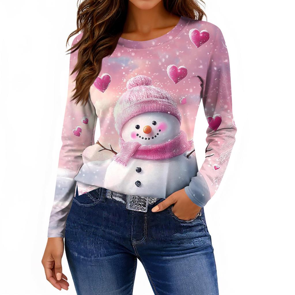 Women's Fashion Casual Slit Hem Round Neck Long Sleeve Loose Printed T-Shirt Ladies Top