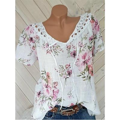 Summer Casual Women V Neck Print T-Shirt Lace Short Sleeve Top