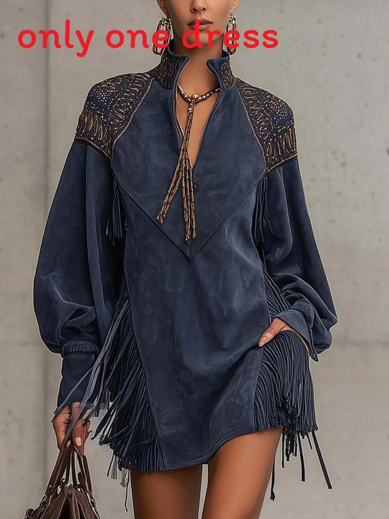 Elegant British Style Long Sleeve High Neck Suede Dress For Casual And Party Wear