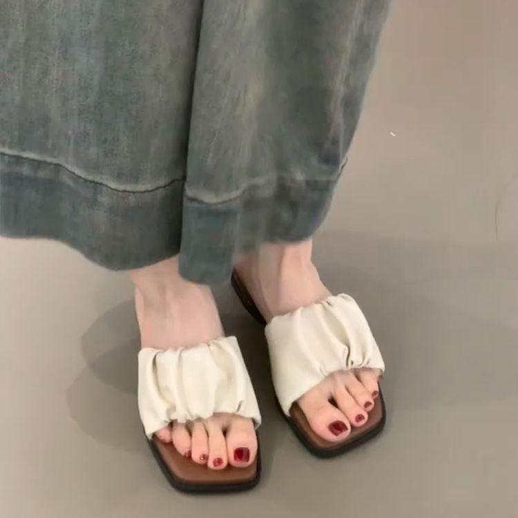Beautiful temperament fairy style square head pleated open toes super versatile one-word slippers female slope heel soft bottom comfortable slippers