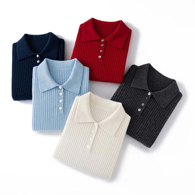 Women's Slim-Fit Polo Collar Cashmere Knit Sweater for Fall/Winter