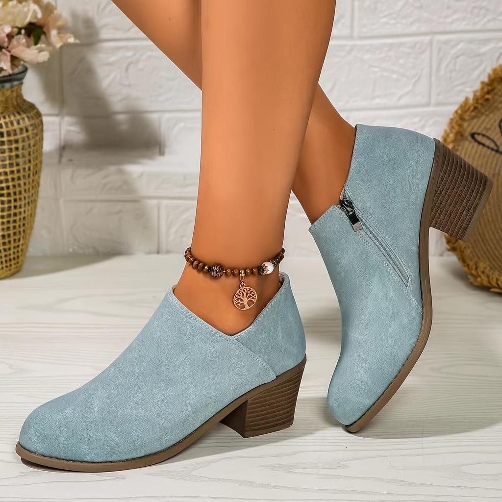 Damskie stylowe botki za kostkę z zamkiem błyskawicznym, okrągłym noskiem, wygodne, codzienne buty