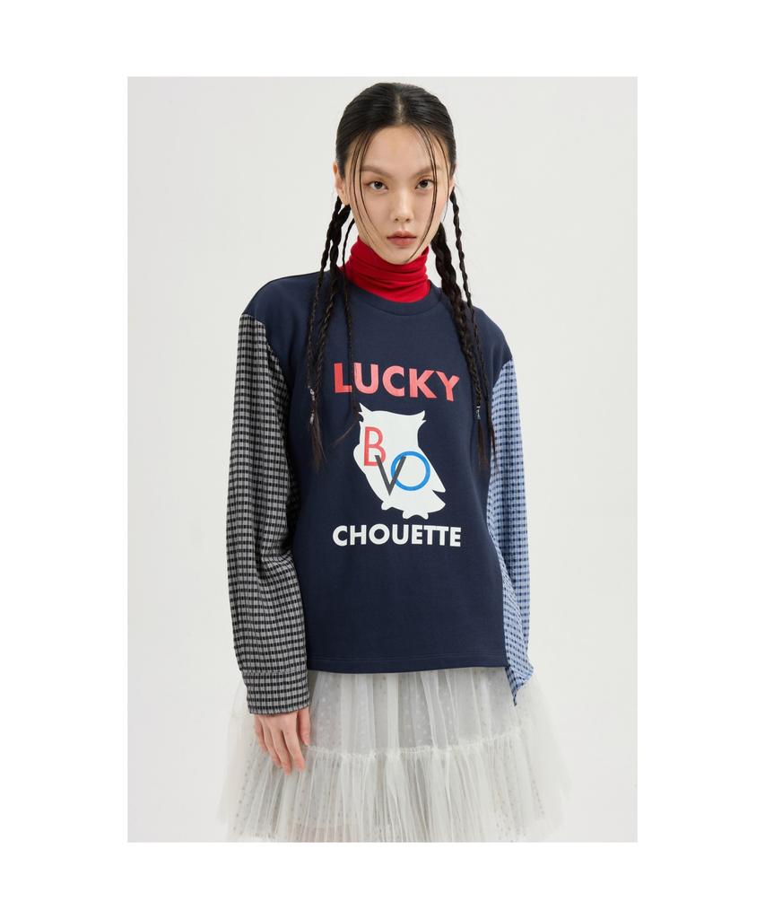 LUCKY CHOUETTE Checkered Sleeve Mix Long-Sleeved T-Shirt (Dark Navy) Lftas25195Nyd