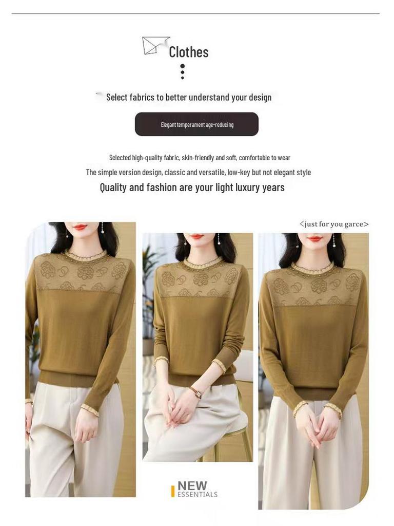 Damen Merino-Wolle Basisschicht mit Spitze und Lochmuster - Altersreduzierender Rundhals-Pullover für Herbst/Winter