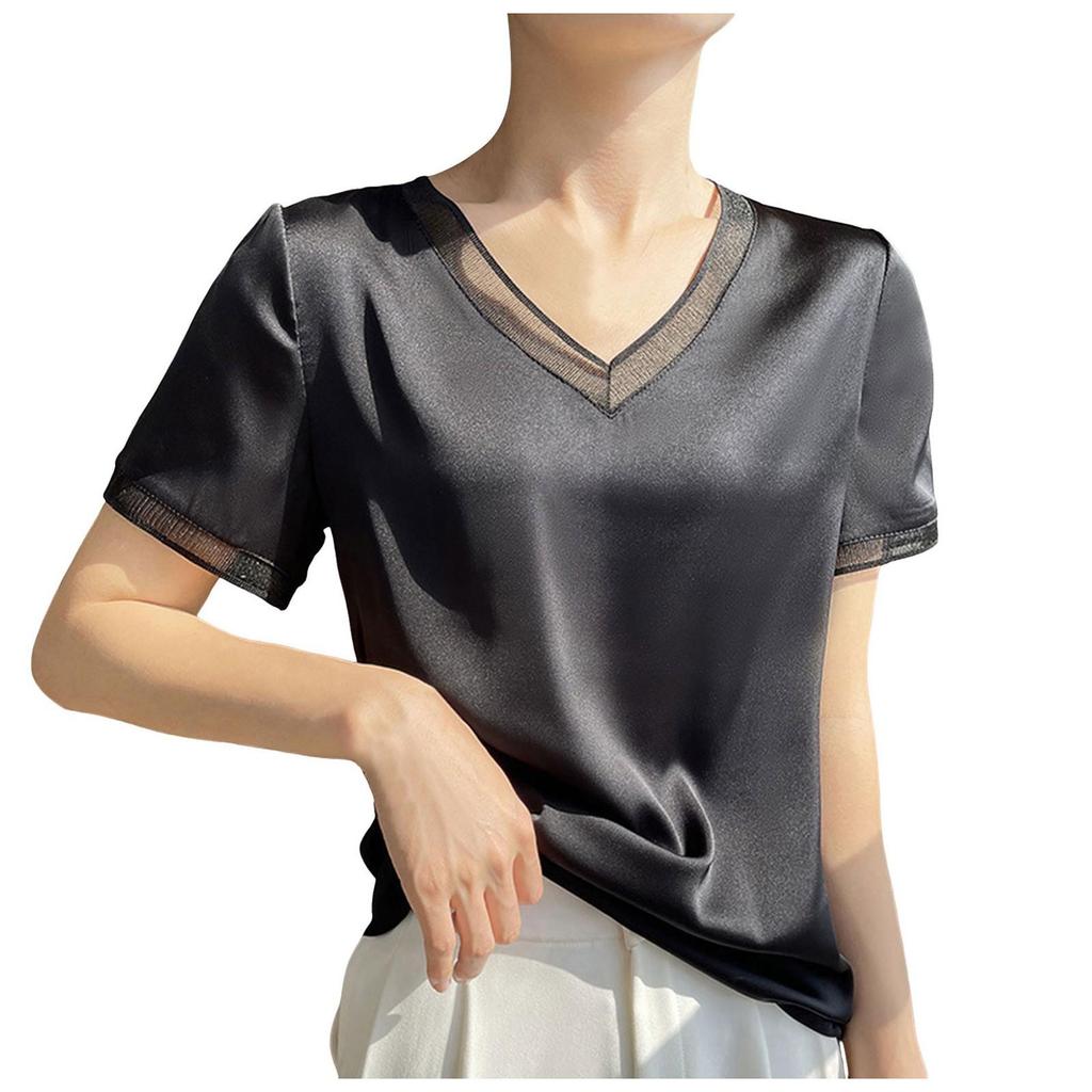 Peach Women Shirt 2026 Summer New Silk Satin Short Sleeve T Shirt Women'S Mesh Solid Color Vest Temperament V Neck Apparel Shirt