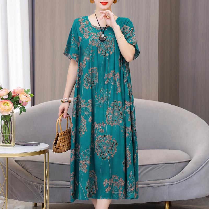 Plus Size Loose Vintage Print Langes Kleid für Damen Lässige Kurzarm-Sommer-Damenkleider