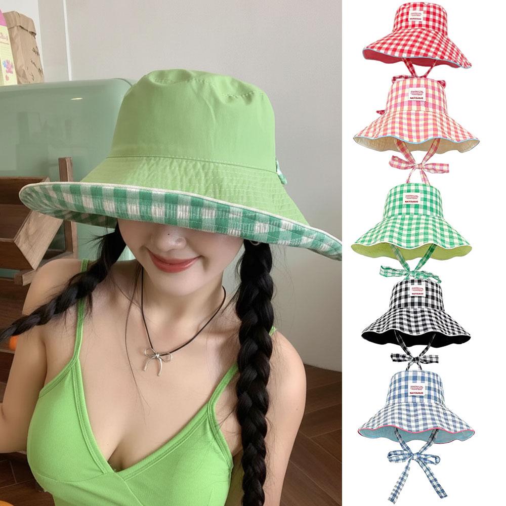 Plaid Fisherman's Hat Dual-Style Reversible Wear Wide Brim Sun Hats With Chin Strap Cute Pastel Plaid Beach Hat For Outdoor Trav