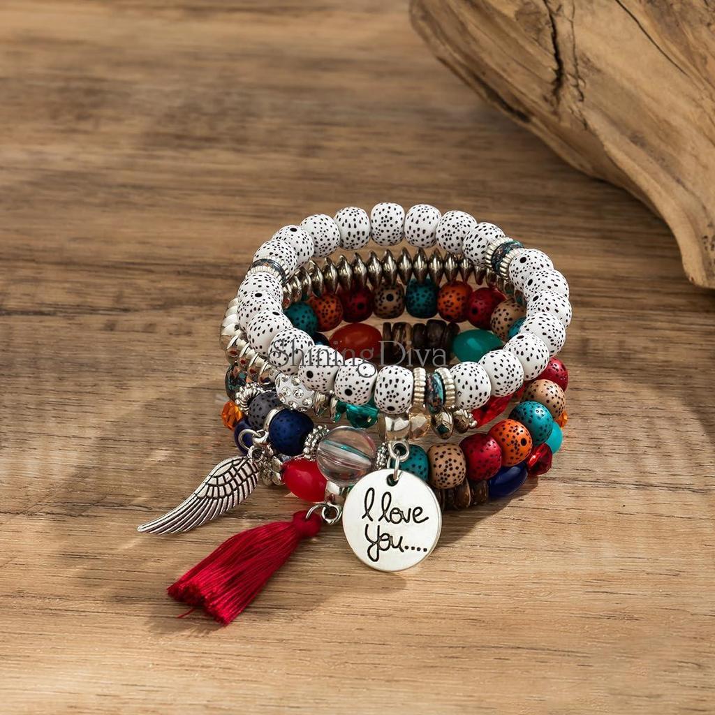 Neuestes Stilvolles Böhmisches Ich Liebe Dich Feder Quaste Anhänger Mehrschichtiges Perlenarmband Bodhi Armband für Frauen und Mädchen