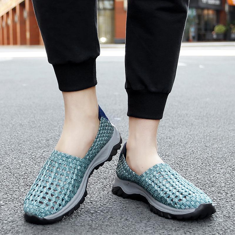 Summer Men Sneakers Braid Beach Shoes Casual Weave Blue Grey Breathable Slip on Flats Tennis Sneakers