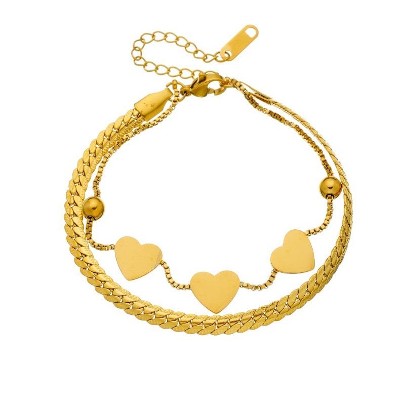 Gold Plated Stainless Steel Double Layer Heart Charm Bracelet for Women
