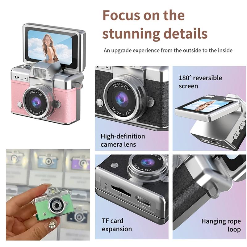 Palm-Sized Mini Digital Camera 180° Flip Selfie Screen with Flashlight Multiple Filters Keychain Portable Digital Camera LK027