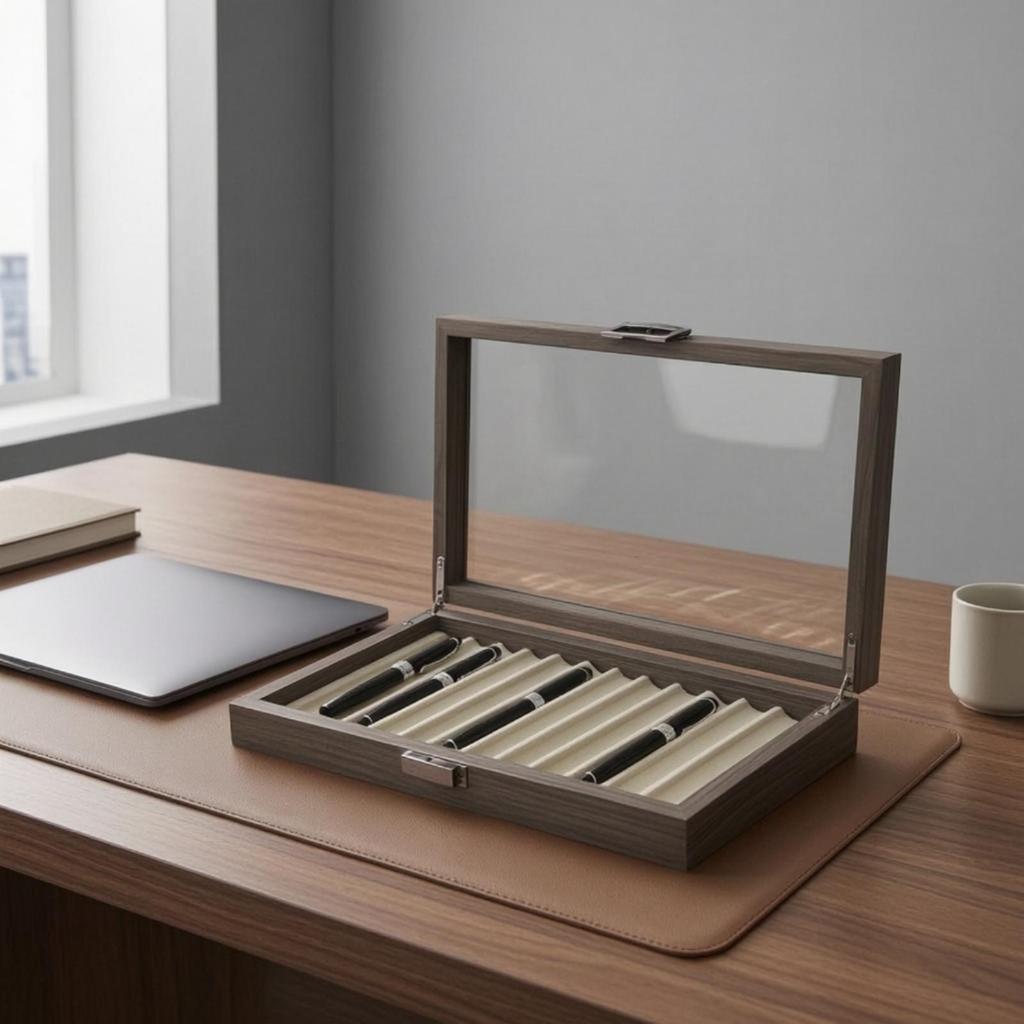 Wooden Pen Box with Glass Lid Clear Wood Display Premium for Office