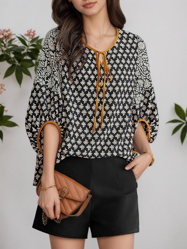 Retro Print Lace-Up Mid-Sleeve Chiffon Shirt - Women's European & American Style 2026