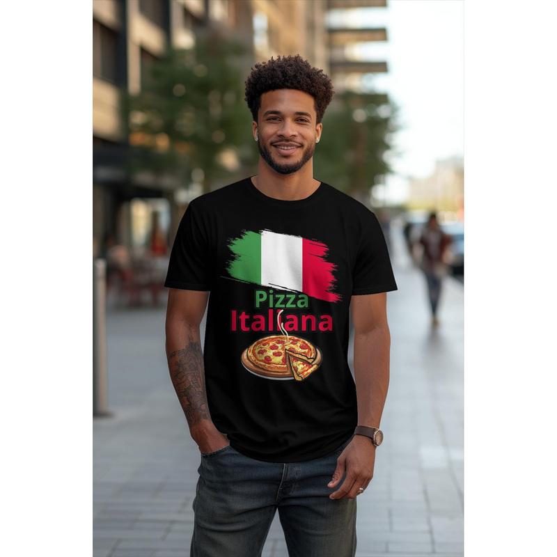 Italian Pizza & Italy Flag T-Shirt For & - Italian Food Theme With Pizza Slice & Italian Text, Casual Short Sleeve Round Neck Tee, Pizza Lover Gift,