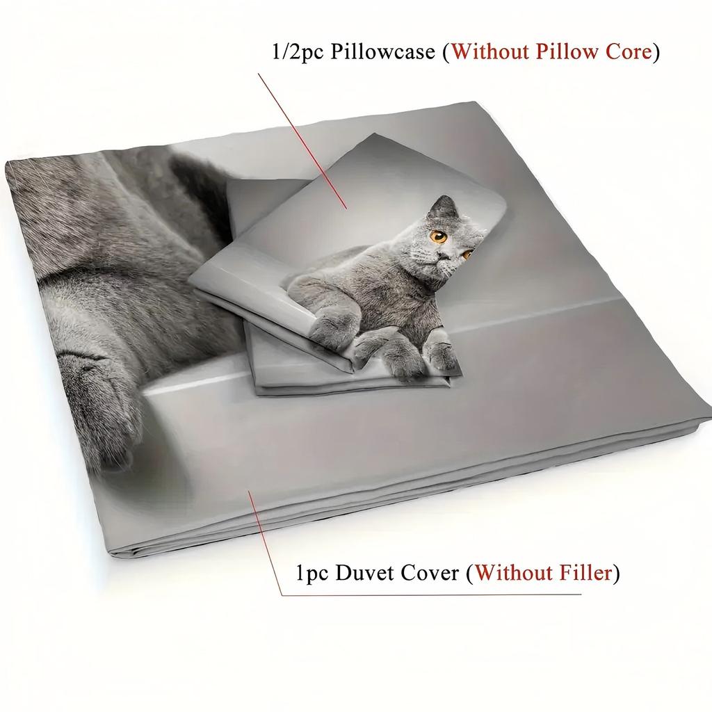 Comforter Cute Grey Cat Pattern 3D Printed Animal Pet Theme Luxury Bedding Set Soft Comfortable Set
