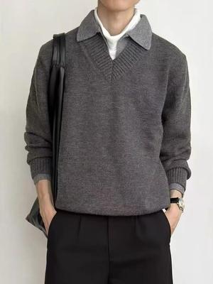 Men's European Style Waffle Weave Knit Polo Shirt - Slim Fit, Seagull Collar, Long-Sleeve Sweater