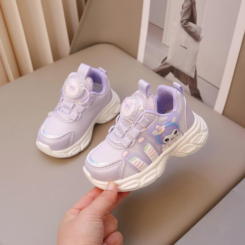Girls' Sneakers 2025 Spring New Children's Leather Rotating Button Shoes Lightweight Shock-absorbing Flash Shoes