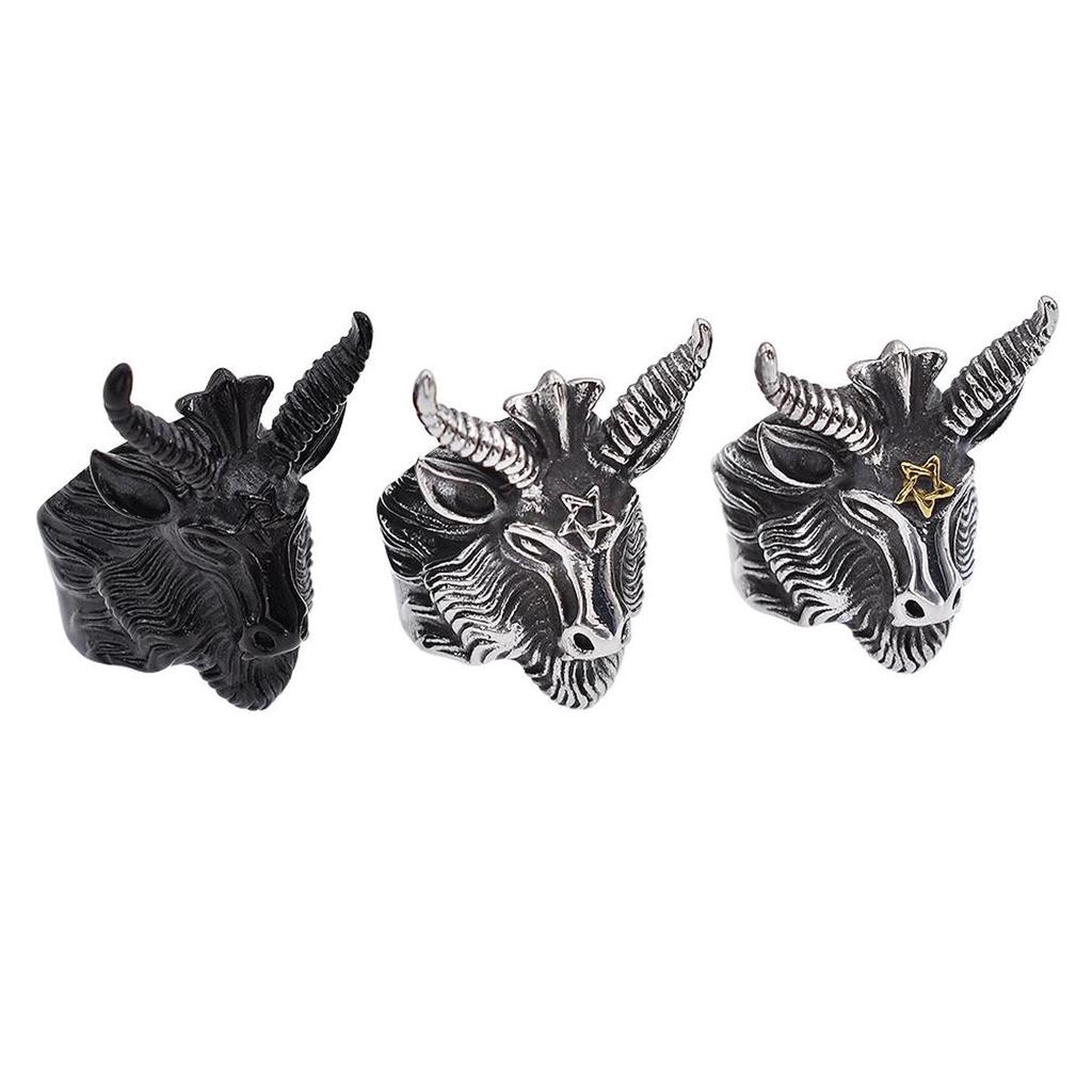 Mens plata Satanás Cabeza de cabra Pentagrama Gótico Diablo satánico Anillo De Acero Ram