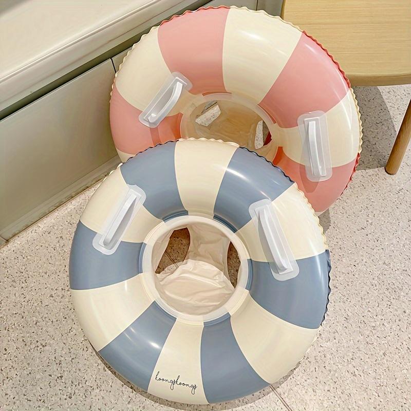 Youngsters' Vintage Striped Swimming Ring with Handles - Durable Thick PVC, Blue & Pink