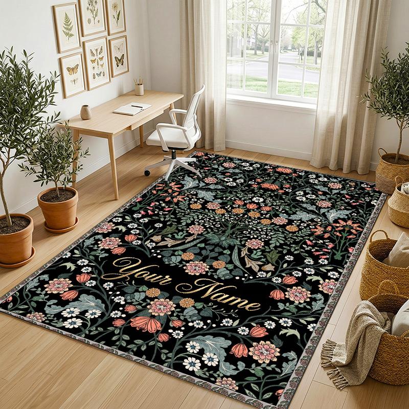 Floral Fantasy Theme Soft Crystal Velvet Rug Custom Name & Text Print Non Slip Floor Rug for Bedroom Living Room
