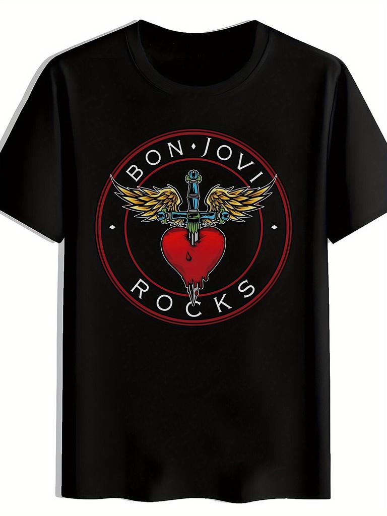 Casual Short Sleeve T-shirt with Rocks Graphic & "Bon Jovi" Design - Black Polyester Crew Neck