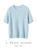 Women's Cashmere Mulberry Silk Round Neck Short Sleeve Knit Top, Plain Color, Loose-Fit, Three-Quarter Sleeve Sweater.
