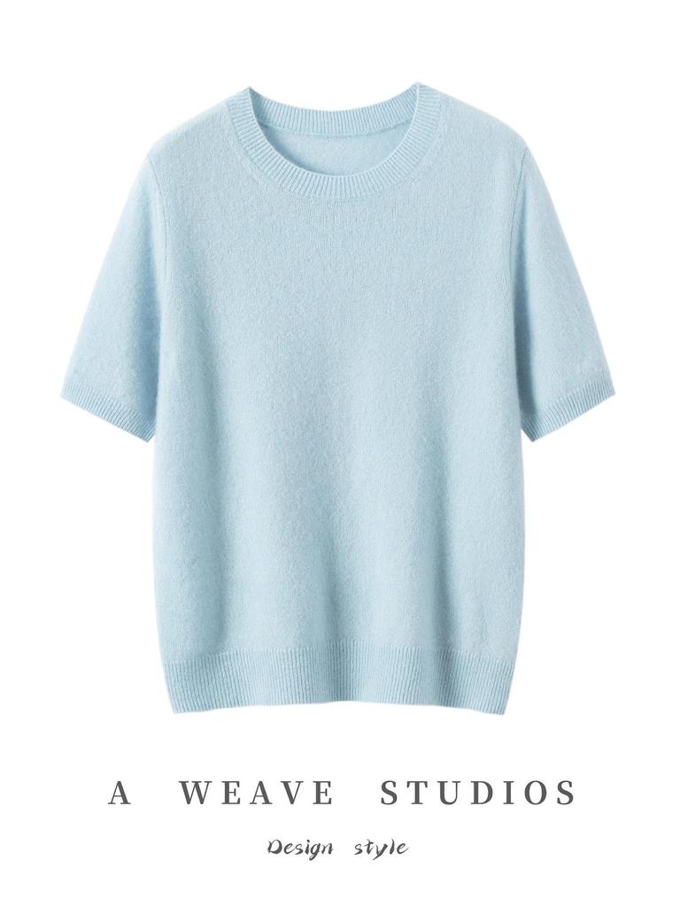 Women's Cashmere Mulberry Silk Round Neck Short Sleeve Knit Top, Plain Color, Loose-Fit, Three-Quarter Sleeve Sweater.