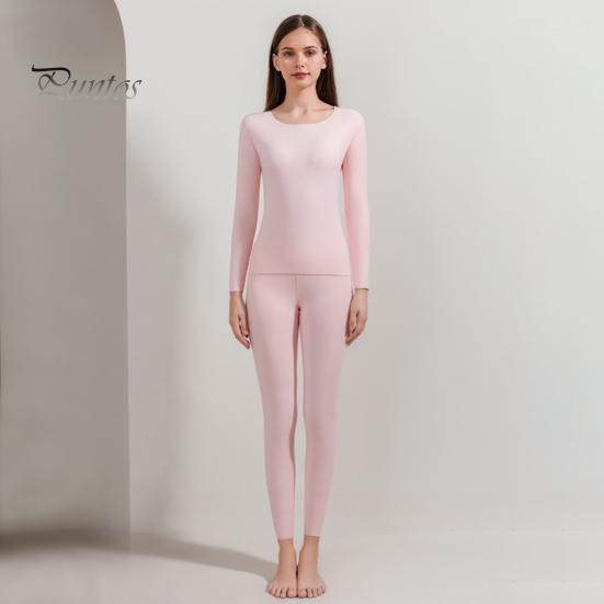 2 Pcs/Set Winter Women Thermal Underwear Set Round Neck Seamless Long Sleeve Warm Thick Double-sided Plush Slim Fit Elastic Lady Cold Weather Pajamas