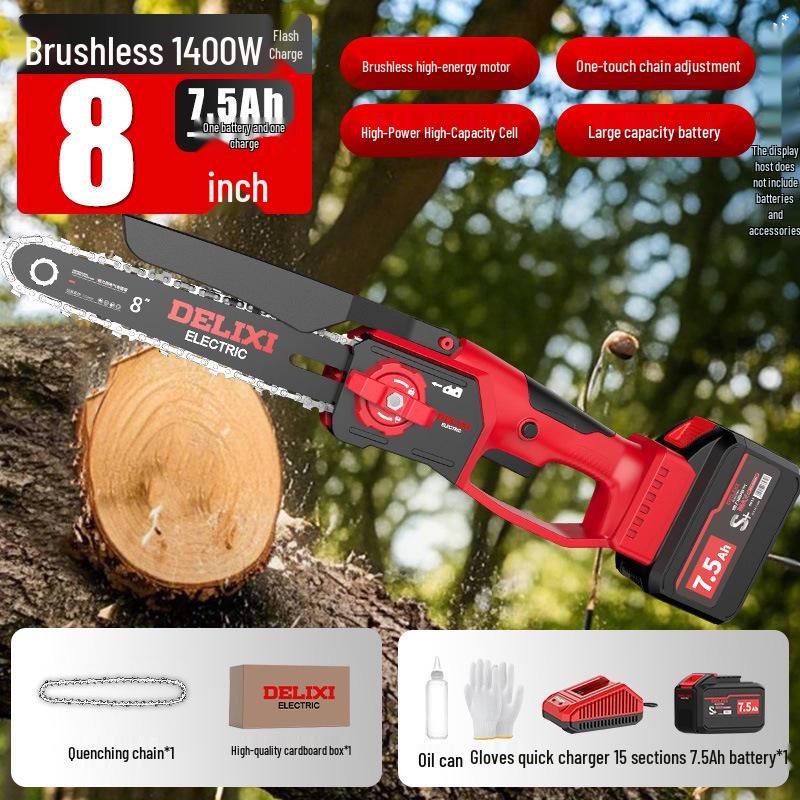 Delixi Rechargeable Brushless Electric Chainsaw with Lithium Battery - Handheld Garden Pruning and Felling Tool for Fruit Trees.