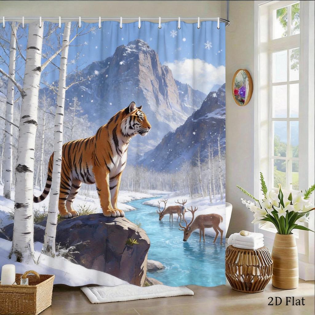 Bengal Tiger Shower Curtain Mountain Landscape Print with Flowers Polyester Bath Curtain with Hooks for Nature Decor