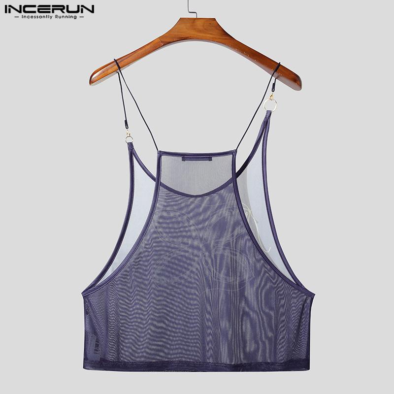 INCERUN Men Sling Sleeveless Print Mesh Sheer Tank Tops Camisole Undershirts