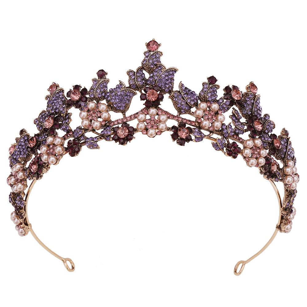New diamond style retro forest style wedding hair accessories headband flower inlaid with rhinestones pearl purple bridal crown