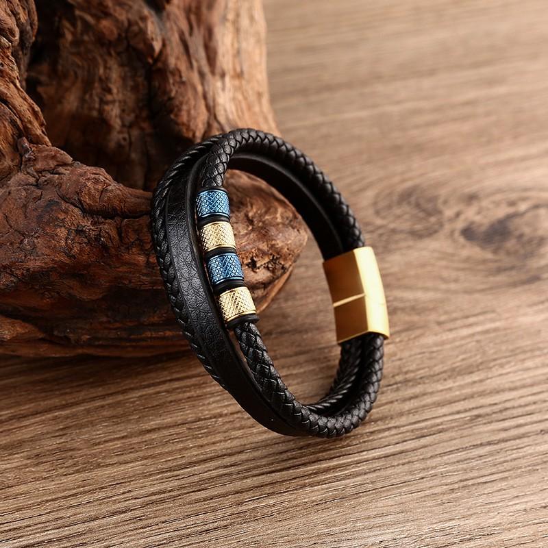 Mens Minimalist Multi-Layer Braided Leather Bracelet Stainless Steel Cuff Geometric Design Adjustable Size