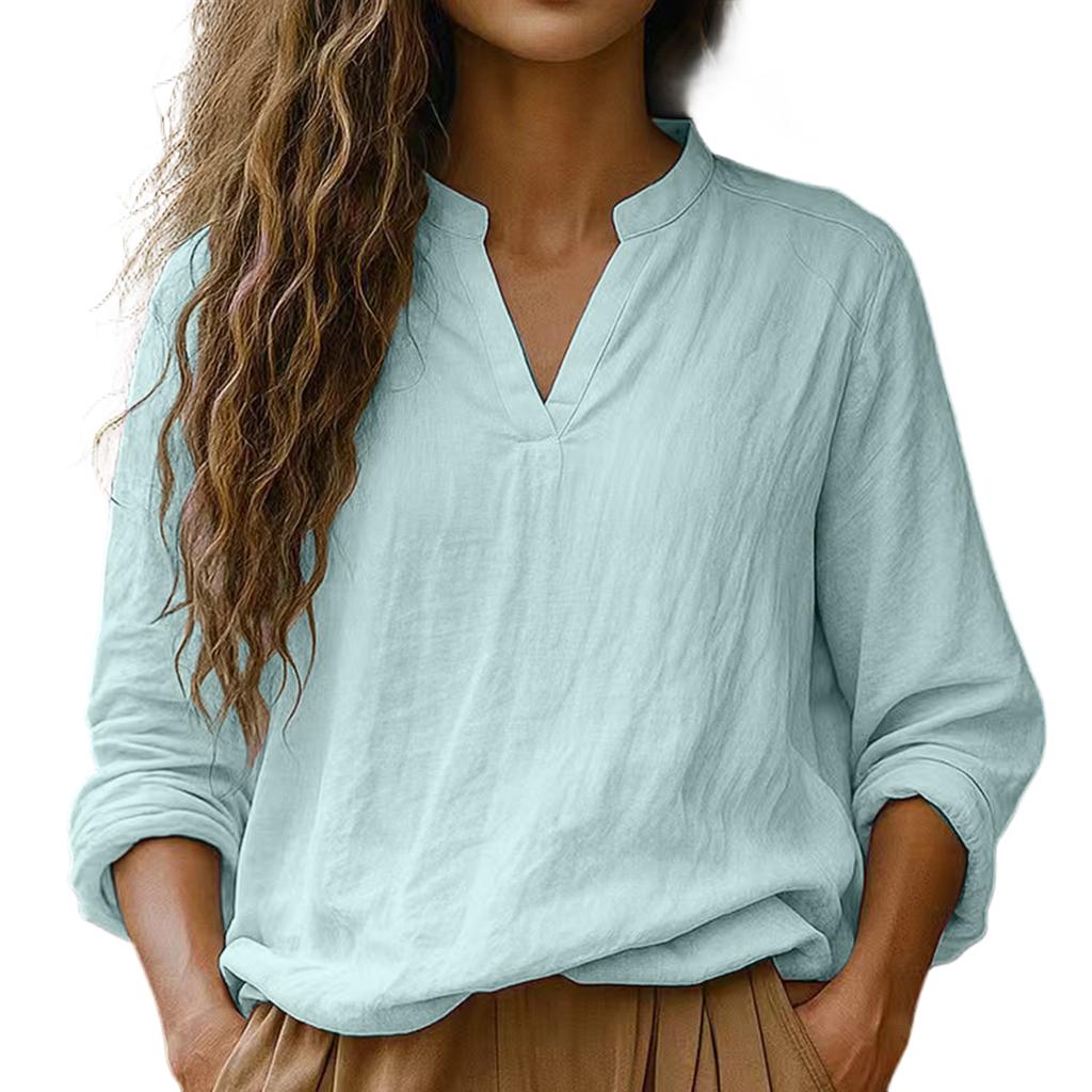 Women's Color Casual V-neck Long Sleeved Pullover Cotton And Linen Top