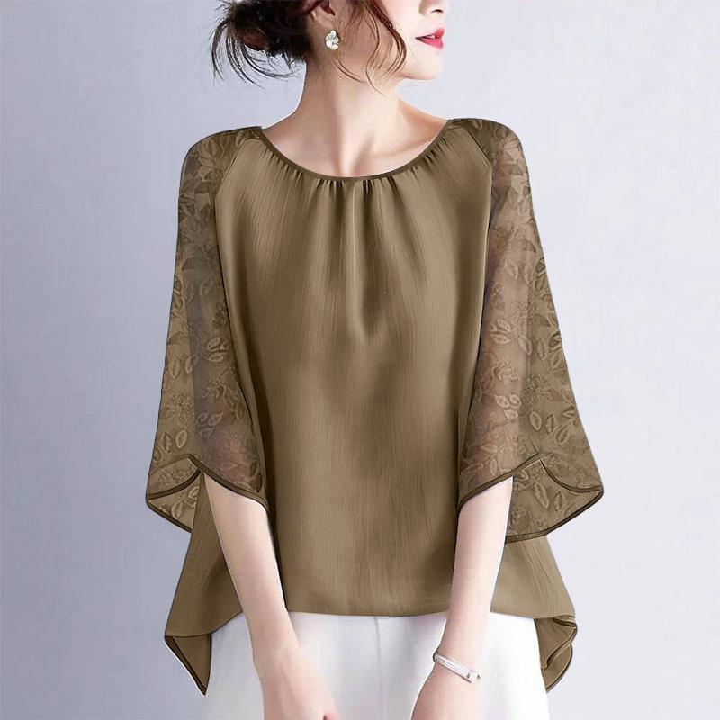 ZANZEA Kvinner Casual Mesh Spleis 3/4 Erme Løs O-hals Bluse