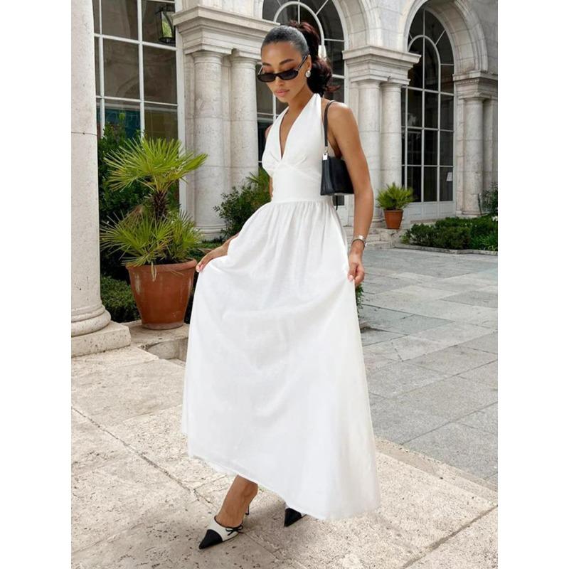 Women's Halter V Neck Maxi Dress Sleeveless Open Back Flowy Elegant Summer Long Dress