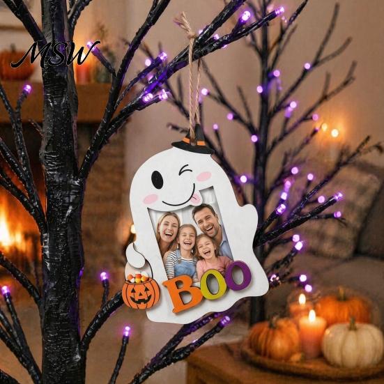 Halloween Keepsake Frame Cute Ghost Wooden Photo with Hanging Rope, Creative Durable Slot Picture for Holiday Party Decor And Home Wall Decoration
