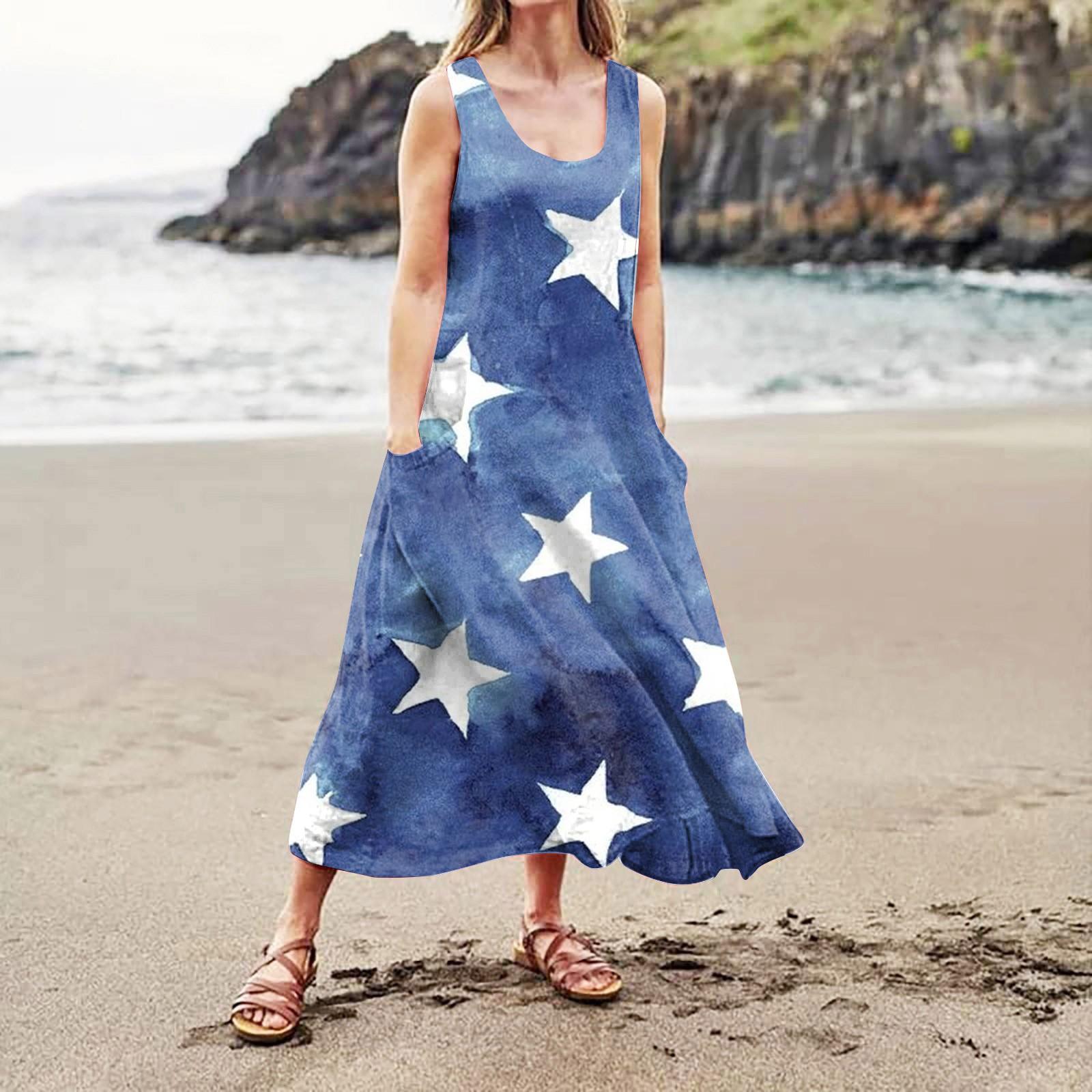 Женское повседневное удобное хлопковое платье с карманами без рукавов и принтом ко — фото 4