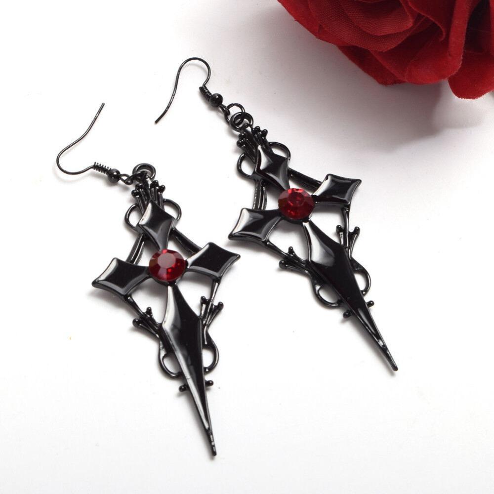 Gothic Punk Black Hollowed-out Cross Pattern Red Rhinestone Dangle Earrings for Women Hallowmas Party Personality Jewelry Gifts