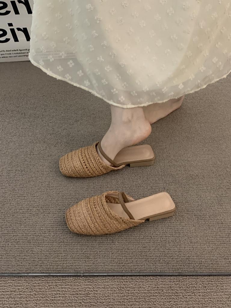 Flat bottom retro brown woven half slippers women's outer wear spring and summer bag head cool slippers