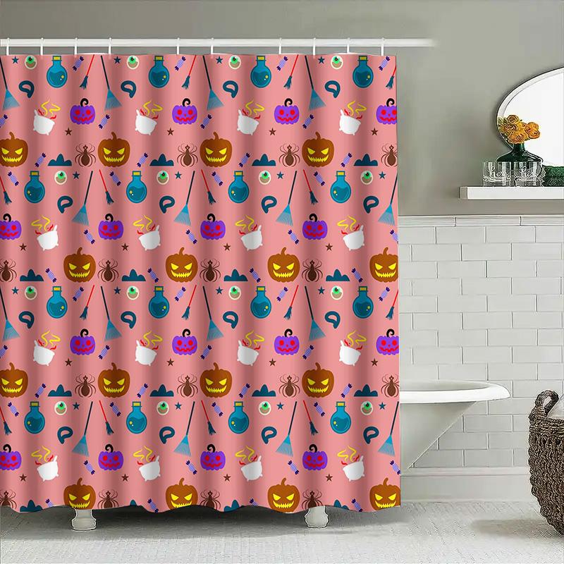 Halloween-Themed Shower Curtain Featuring Pumpkins, Brooms, Spiders, And Witches Hats In Pink Background With Colorful Patterns