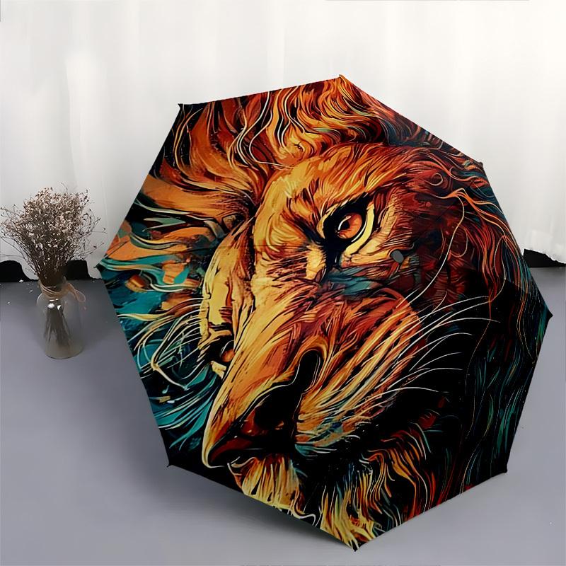1pc Flaming Lion Auto-Open Close Umbrella with Foldable Design, 8-Bone Iron Frame, Outdoor, Ideal Gift for Fans, Travelers, Daily Use.B069