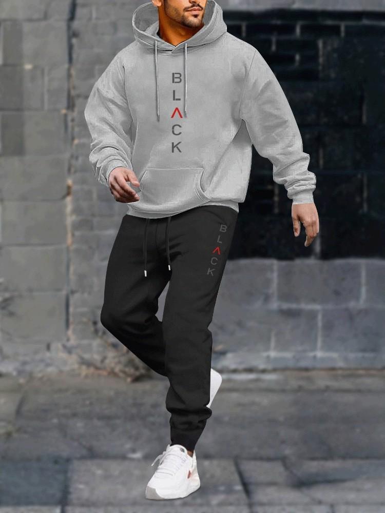 Black Retro Letter Print Men's 2-Piece Set: Hoodie Sweatshirt & Jogging Sweatpants for Winter