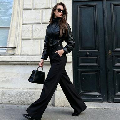 Autumn and winter new slim-fitting and thin high-necked solid-color zipper fish bone short pu leather jacket women