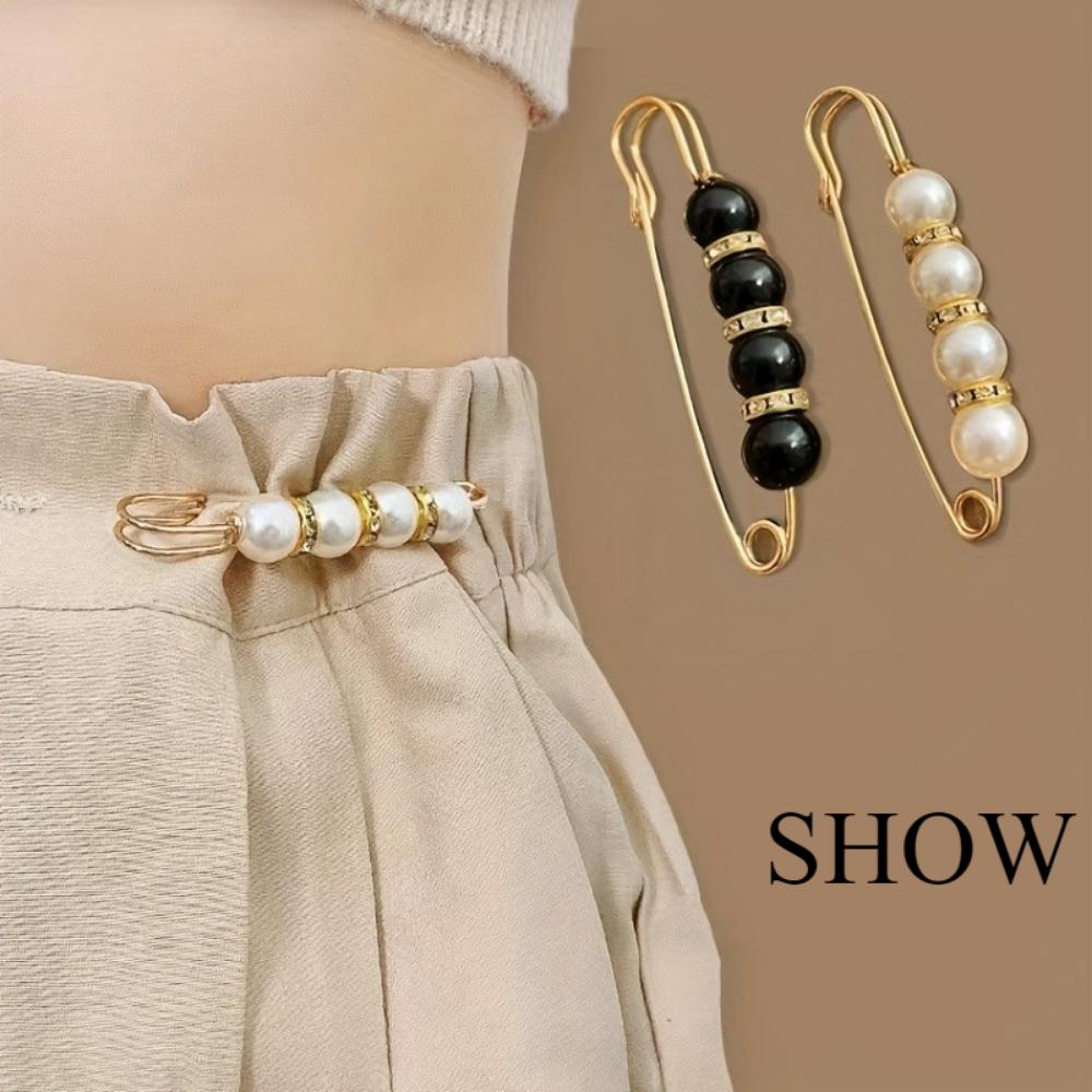 Damski Regulowany Pasek Koralikowy do Talii - Czarny i Biały Imitacja Perły ze Złotą Klamrą Separacyjną do Spodni, Sukienek, Spodni - Przypinki do Talii, Przypinki do Koszuli