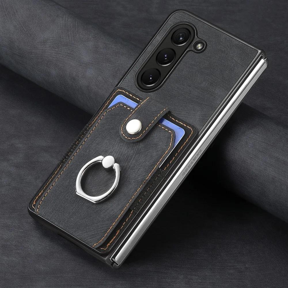 Card Slot Holder Pocket Wallet 360 Rotating Ring Phone Case For Samsung Galaxy Z Fold 6 5 Fold6 Fold5 5G PU Leather Back Cover