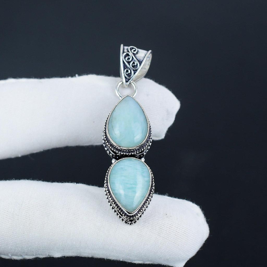Natural Amazonite Gemstone Silver Pendant in 925 Sterling Silver - Handmade Pear Design, Everyday Wear Jewelry Birthday Gift